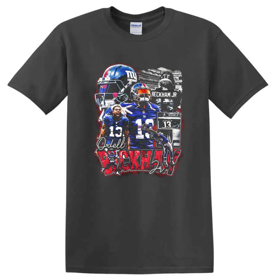 Odell Beckham Jr New York Giants No. 13 football action collage with helmet art on a Charcoal T Shirt