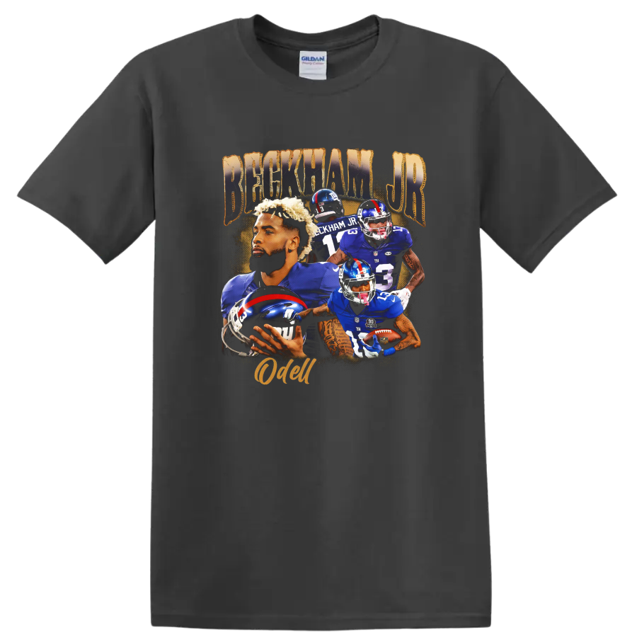 Odell Beckham Jr. New York Giants football action collage with Beckham Jr. and Odell text on a Charcoal T Shirt