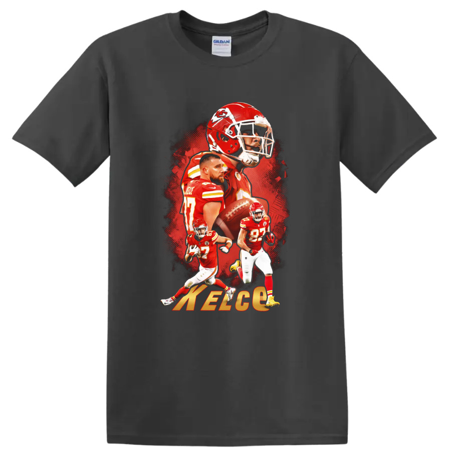 Travis Kelce Kansas City Chiefs football action collage with number 87 and helmet art on a Charcoal T Shirt