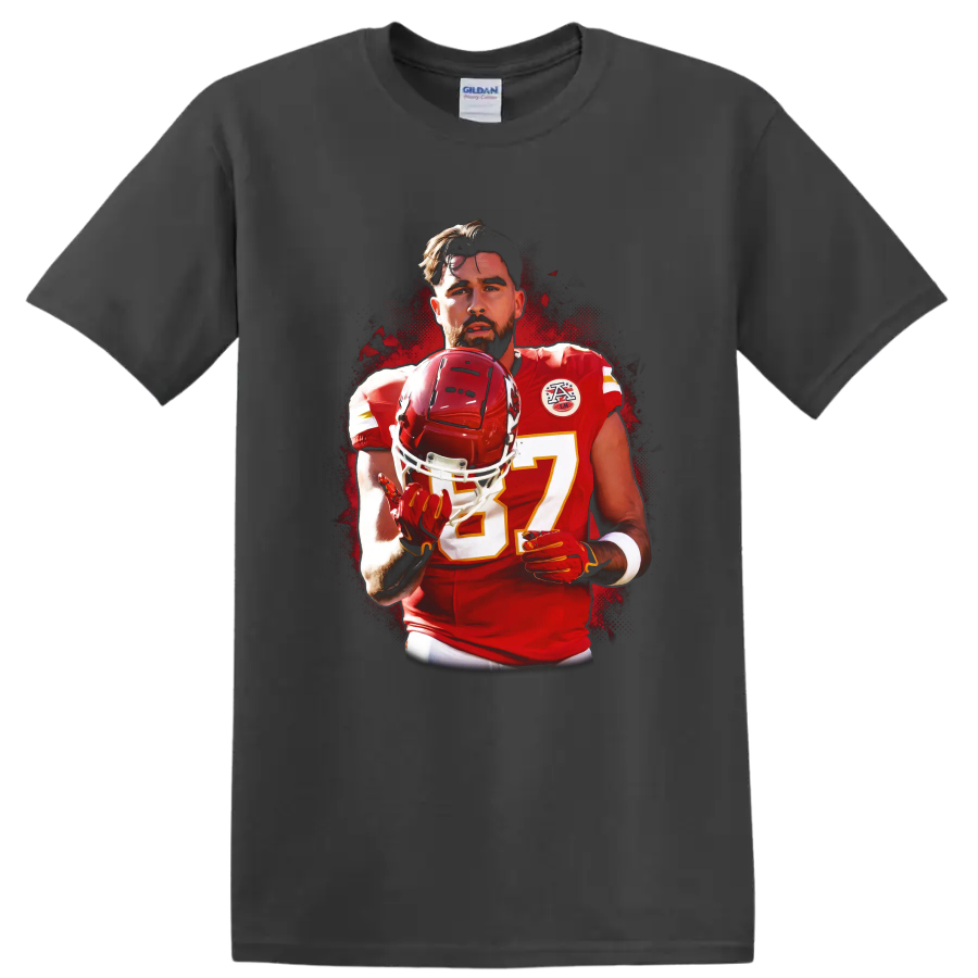 Travis Kelce Kansas City Chiefs number 87 helmet portrait in bold halftone sports art on a Charcoal T Shirt