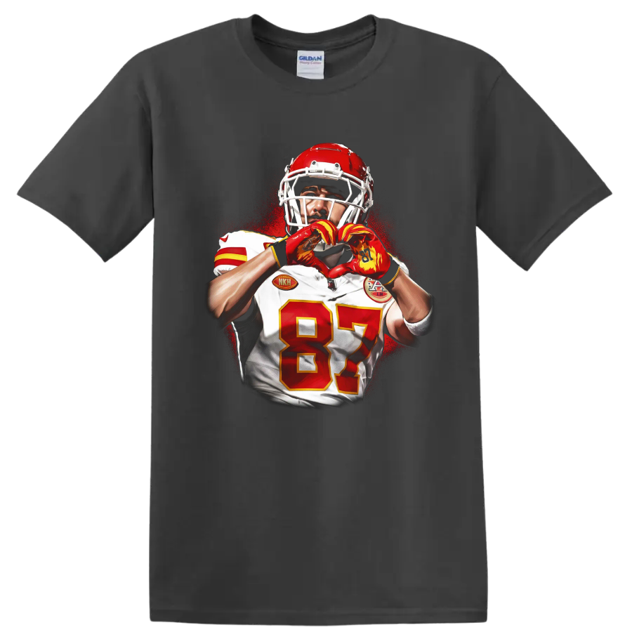 Travis Kelce Chiefs football portrait making heart hands in red splatter art on a Charcoal T Shirt