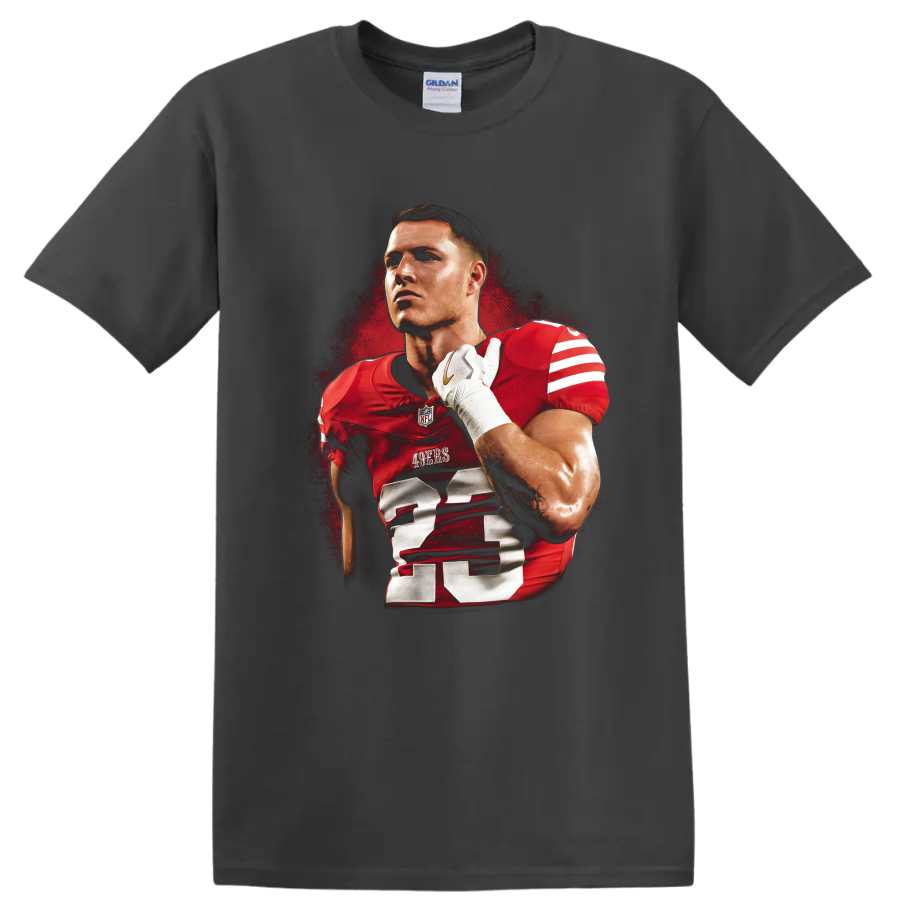 Christian McCaffrey 49ers number 23 football portrait in gritty red poster style on a Charcoal T Shirt