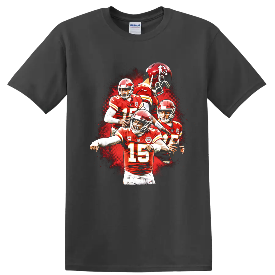 Patrick Mahomes Kansas City Chiefs quarterback action collage with red splatter on a Charcoal T Shirt