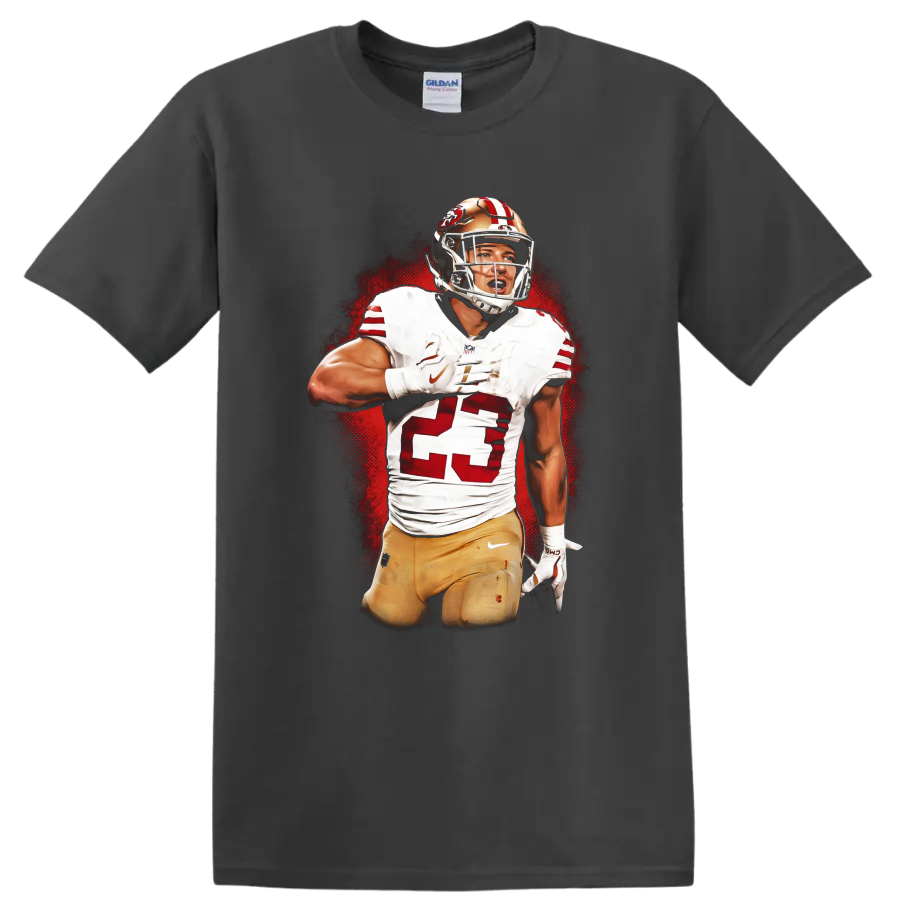 Christian McCaffrey 49ers number 23 football action portrait with red halftone backdrop on a Charcoal T Shirt