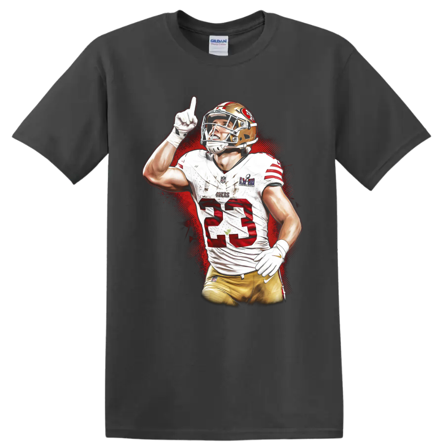 Christian McCaffrey 49ers number 23 football player in red splatter sports art on a Charcoal T Shirt