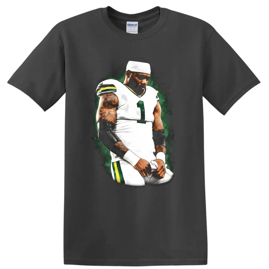 Davante Adams football player portrait in white uniform with green halftone backdrop on a Charcoal T Shirt