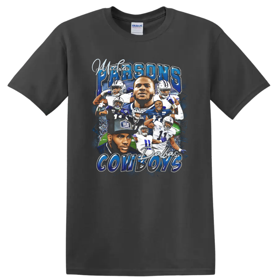 Micah Parsons Dallas Cowboys football collage with player portraits and action poses on a Charcoal T Shirt