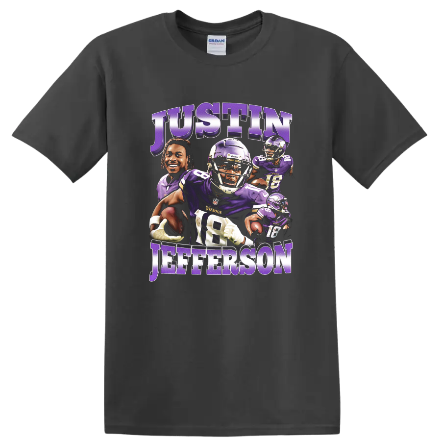 Justin Jefferson Minnesota Vikings layered purple football action collage with bold name on a Charcoal T Shirt