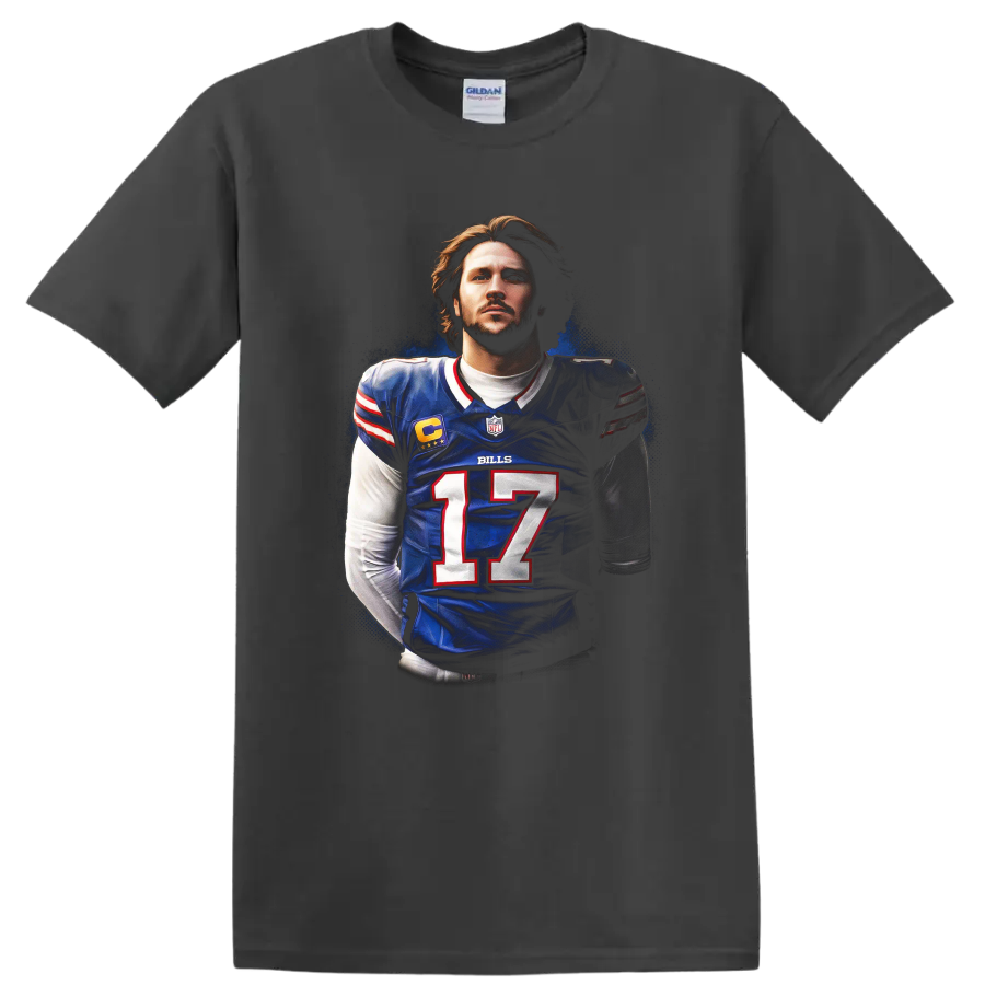 Josh Allen Buffalo Bills number 17 quarterback portrait in dramatic football poster style on a Charcoal T Shirt