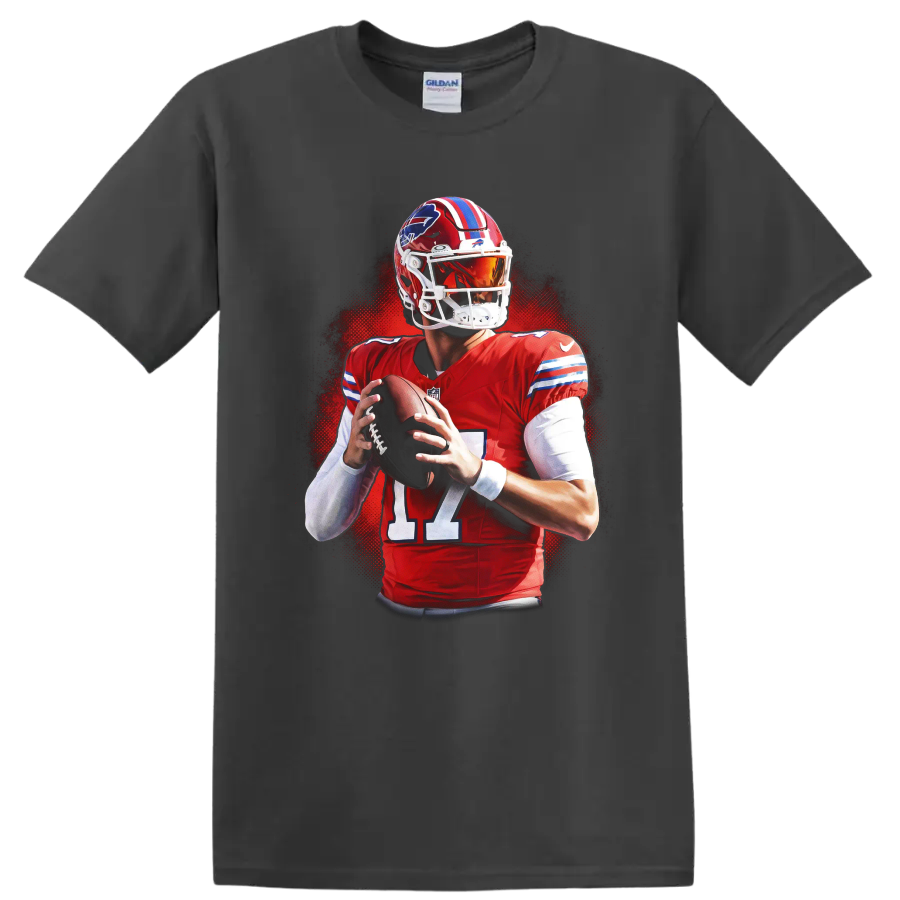 Josh Allen Buffalo Bills No. 17 quarterback action portrait with red halftone backdrop on a Charcoal T Shirt