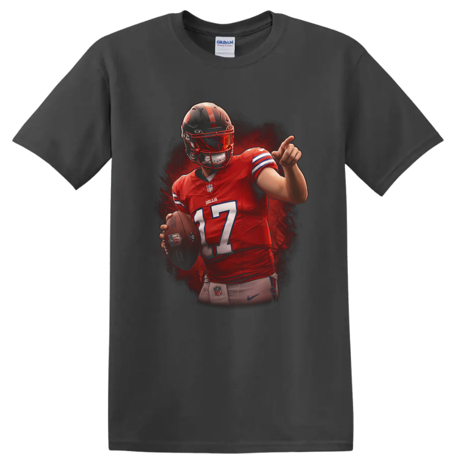 Josh Allen Buffalo Bills number 17 quarterback action illustration with football on a Charcoal T Shirt