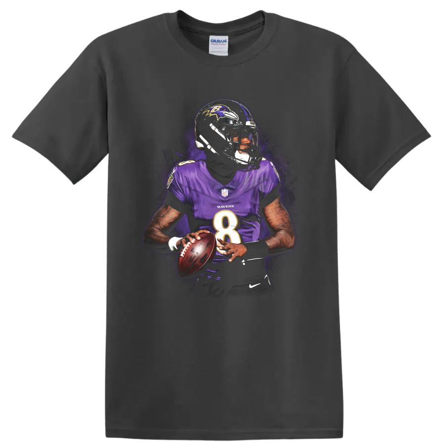 Lamar Jackson Baltimore Ravens quarterback action portrait with purple splatter artwork on a Charcoal T Shirt