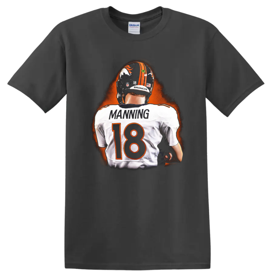 Peyton Manning Broncos No. 18 back-view football player with orange glow on a Charcoal T Shirt