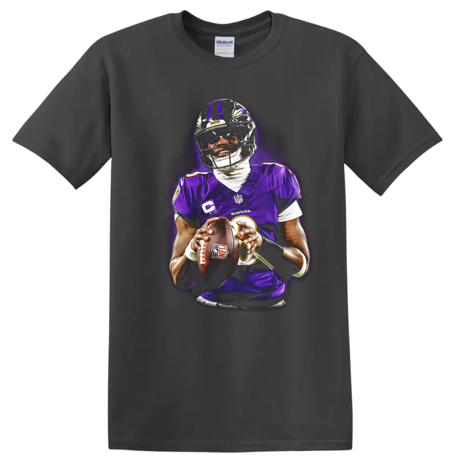 Lamar Jackson Baltimore Ravens quarterback holding a football in glowing purple action art on a Charcoal T Shirt