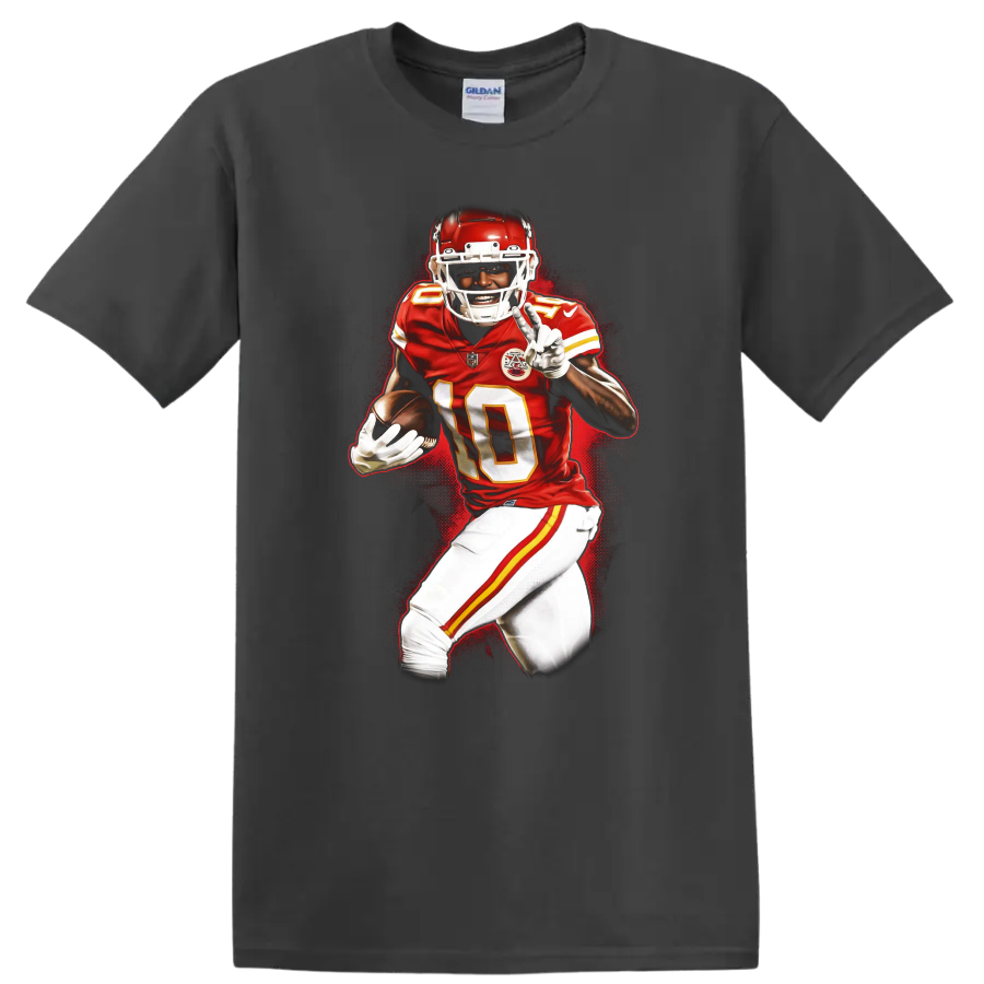 Tyreek Hill Kansas City Chiefs number 10 football action graphic with red splatter on a Charcoal T Shirt