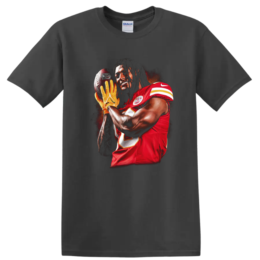 Tyreek Hill Kansas City Chiefs catch-ready football player portrait in bold sports art on a Charcoal T Shirt