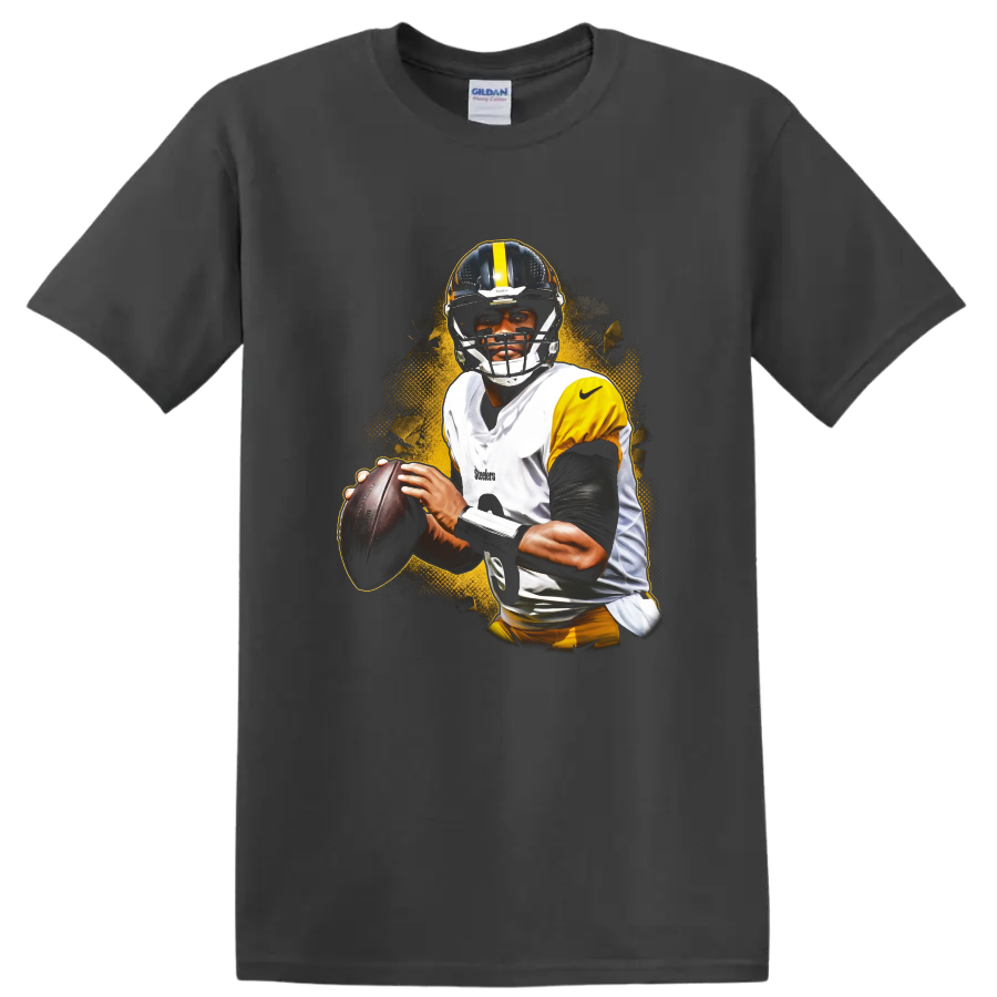 T.J. Watt Pittsburgh Steelers football player portrait with gold grunge splash on a Charcoal T Shirt