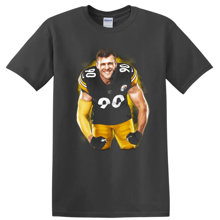 T.J. Watt Pittsburgh Steelers number 90 football player portrait with gold splatter on a Charcoal T Shirt