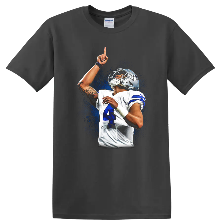 Dak Prescott Dallas Cowboys football action portrait with blue splash background on a Charcoal T Shirt