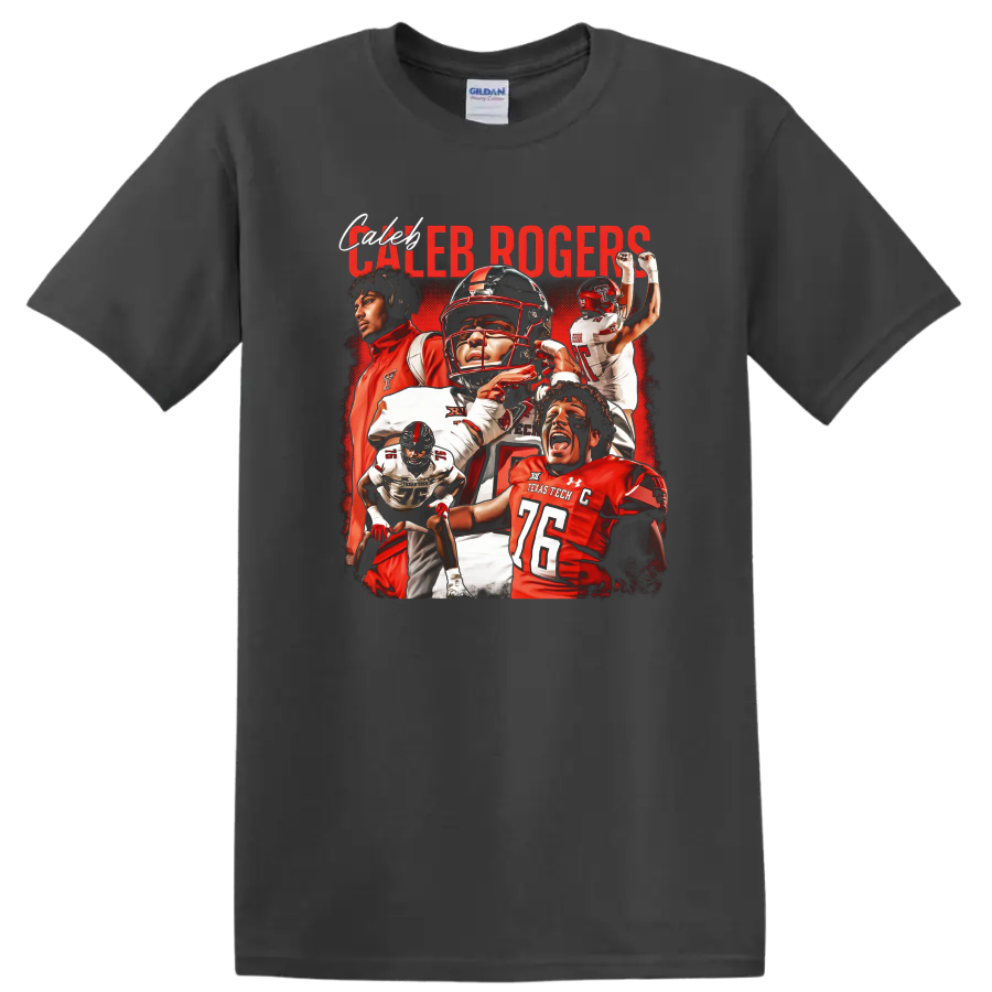 Caleb Rogers Texas Tech Red Raiders football action collage with bold red lettering on a Charcoal T Shirt