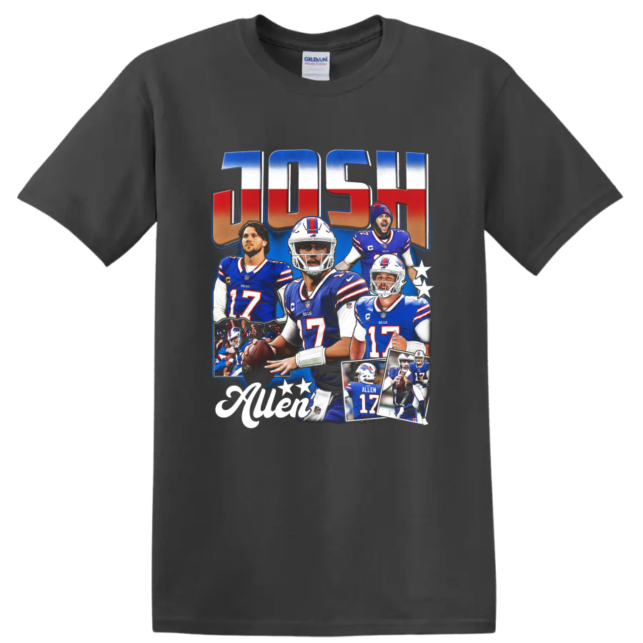 Josh Allen Buffalo Bills football collage with stars and ALLEN 17 action imagery on a Charcoal T Shirt