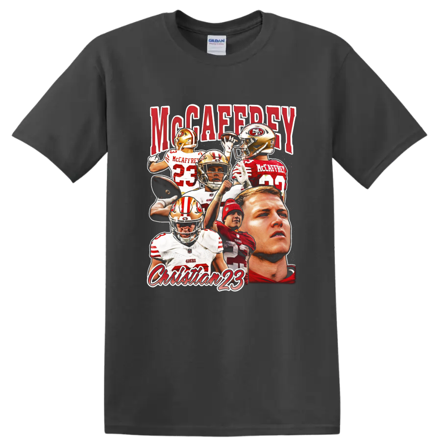 Christian McCaffrey 49ers number 23 football action collage with bold McCaffrey lettering on a Charcoal T Shirt