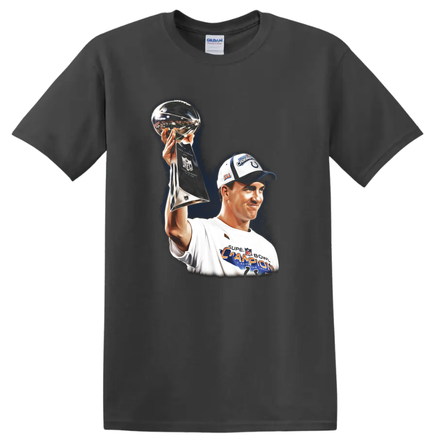 Peyton Manning raising the Lombardi Trophy in a Super Bowl champion sports illustration on a Charcoal T Shirt