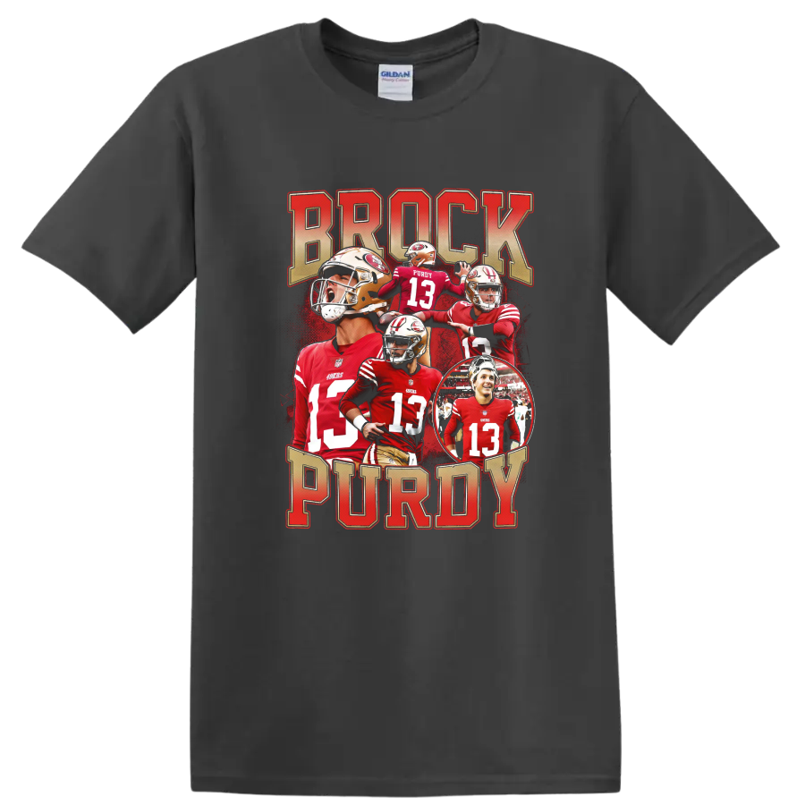 Brock Purdy San Francisco 49ers quarterback collage with bold BROCK PURDY lettering on a Charcoal T Shirt