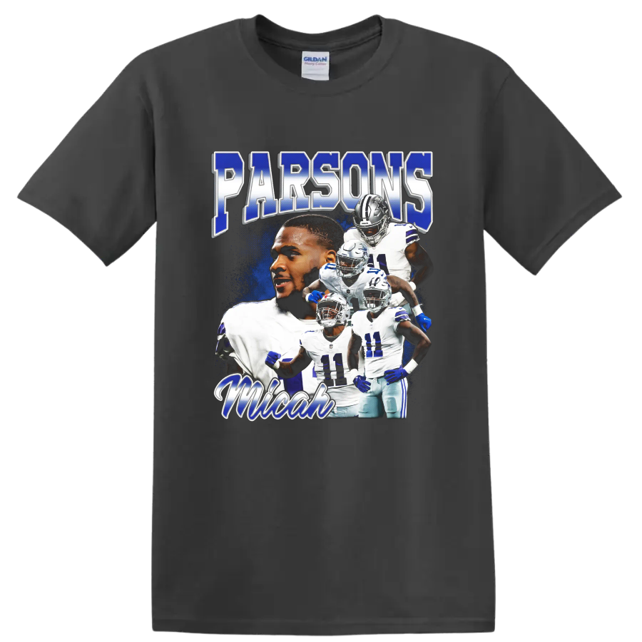 Micah Parsons Dallas Cowboys action collage with Parsons and football player imagery on a Charcoal T Shirt