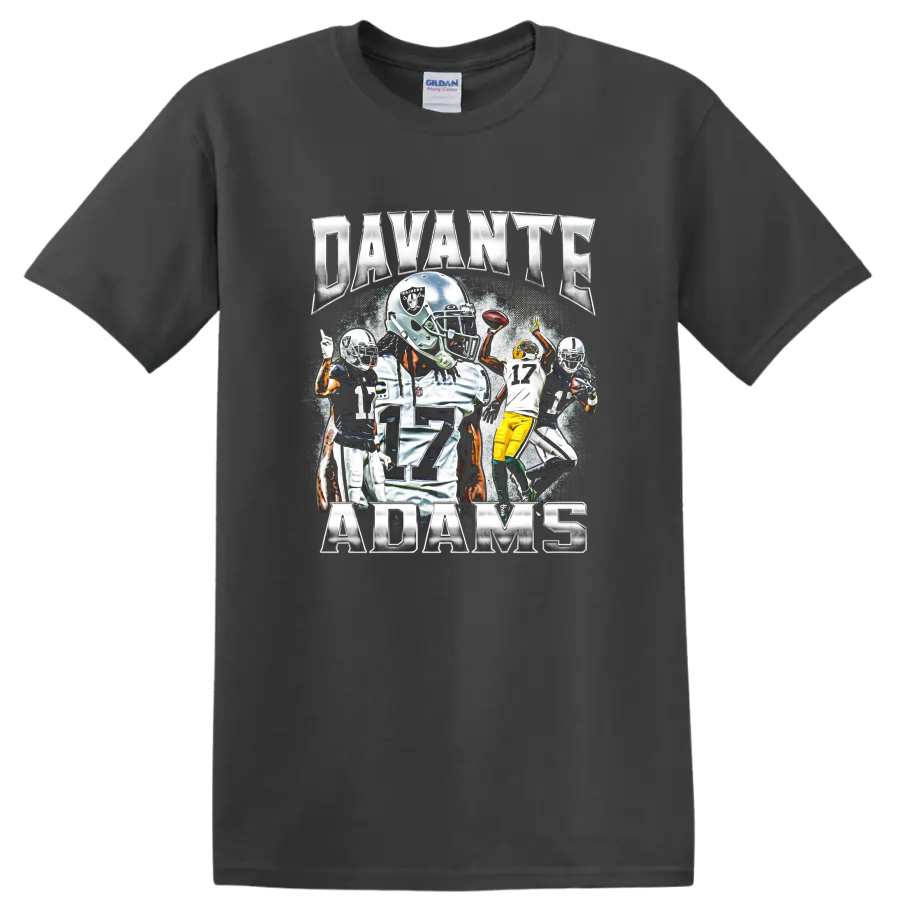 Davante Adams Las Vegas Raiders football action collage with metallic name lettering on a Charcoal T Shirt