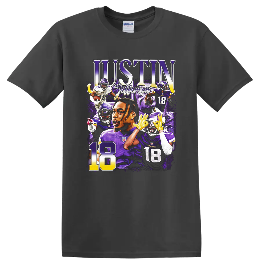 Justin Jefferson Minnesota Vikings number 18 purple football action collage on a Charcoal T Shirt