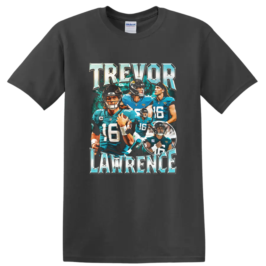 Trevor Lawrence Jaguars quarterback action collage with metallic lettering on a Charcoal T Shirt