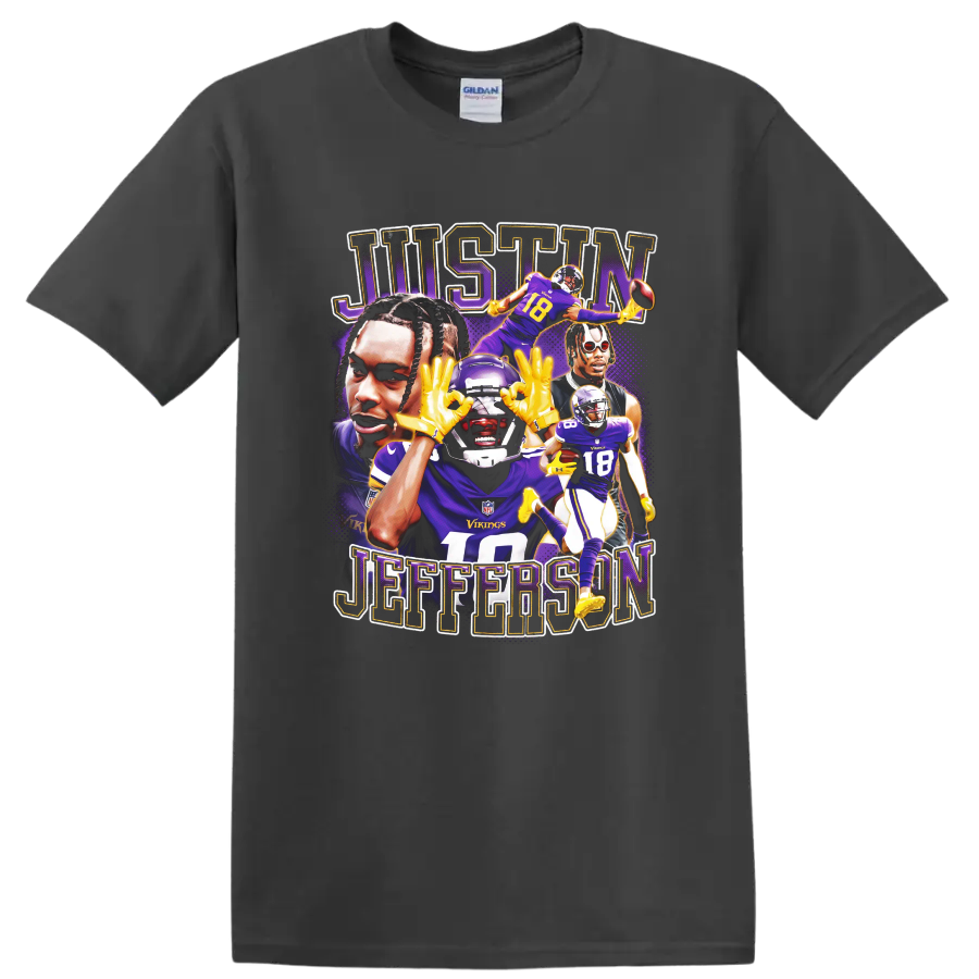 Justin Jefferson Minnesota Vikings football portrait collage with JUSTIN JEFFERSON text on a Charcoal T Shirt