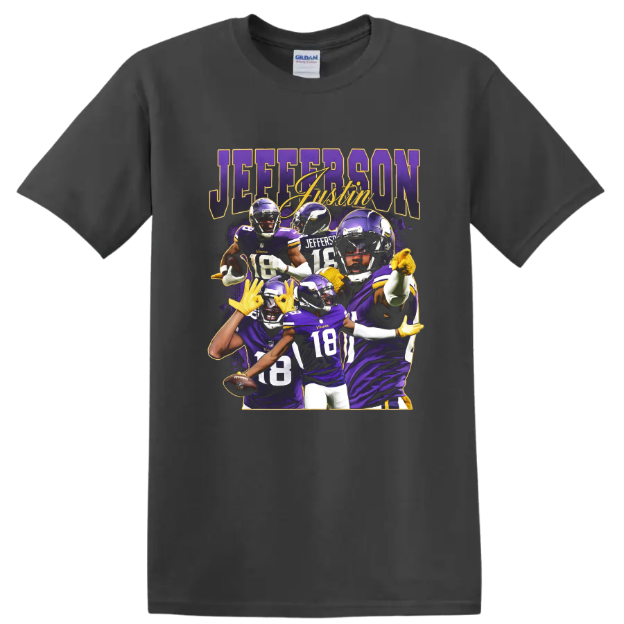 Justin Jefferson Minnesota Vikings football player collage with purple and gold action on a Charcoal T Shirt