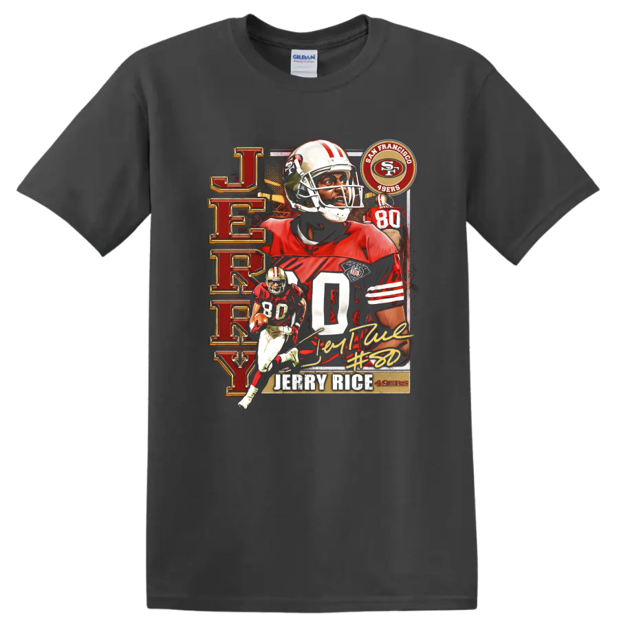 Jerry Rice 49ers retro football collage with number 80, action poses, and signature-style on a Charcoal T Shirt