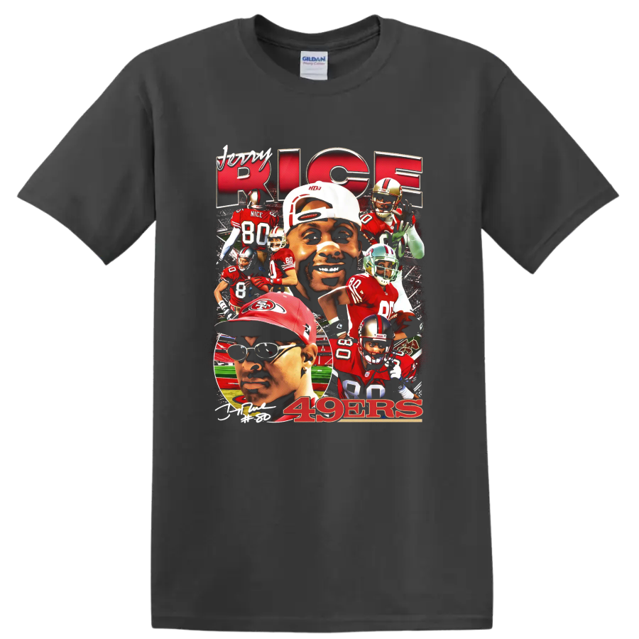 Jerry Rice San Francisco 49ers red and gold football action collage with 49ers text on a Charcoal T Shirt