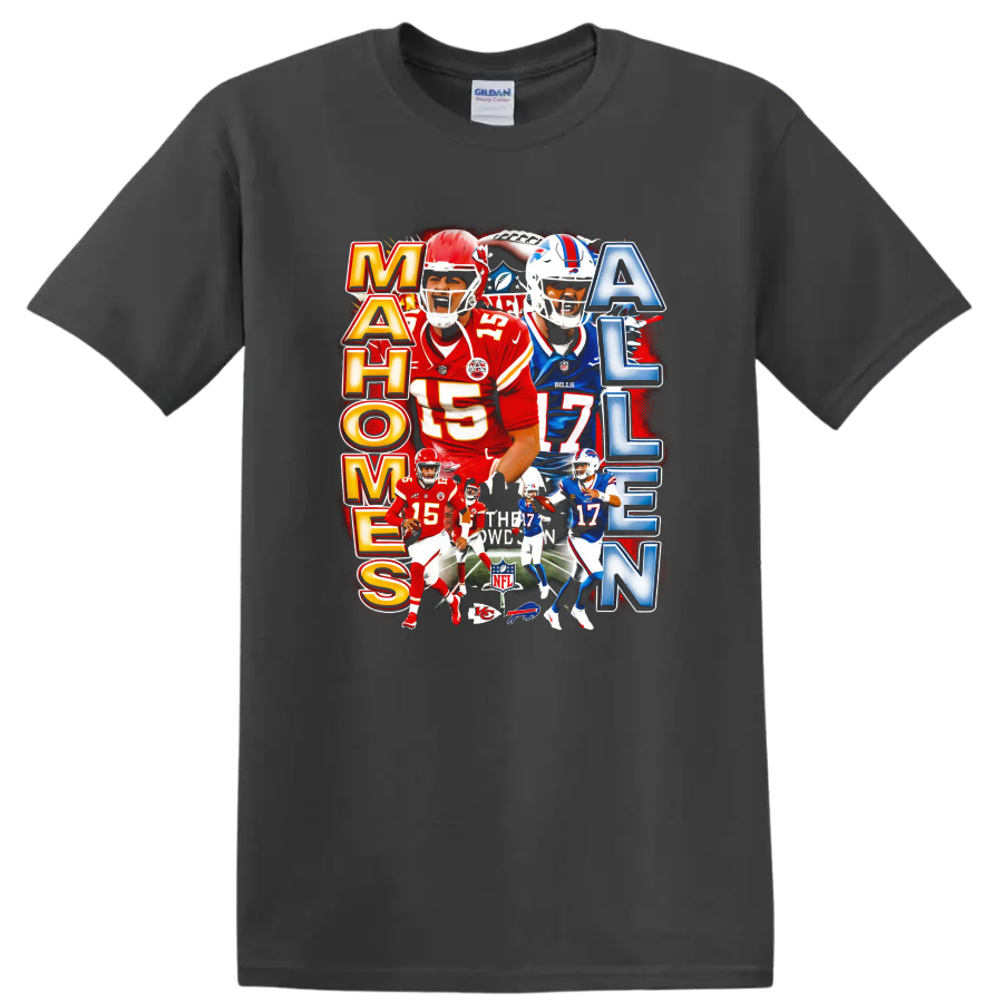 Patrick Mahomes and Josh Allen football rivalry collage with Chiefs and Bills action on a Charcoal T Shirt