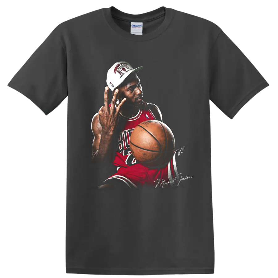 Michael Jordan Chicago Bulls championship portrait with basketball and victory cap on a Charcoal T Shirt