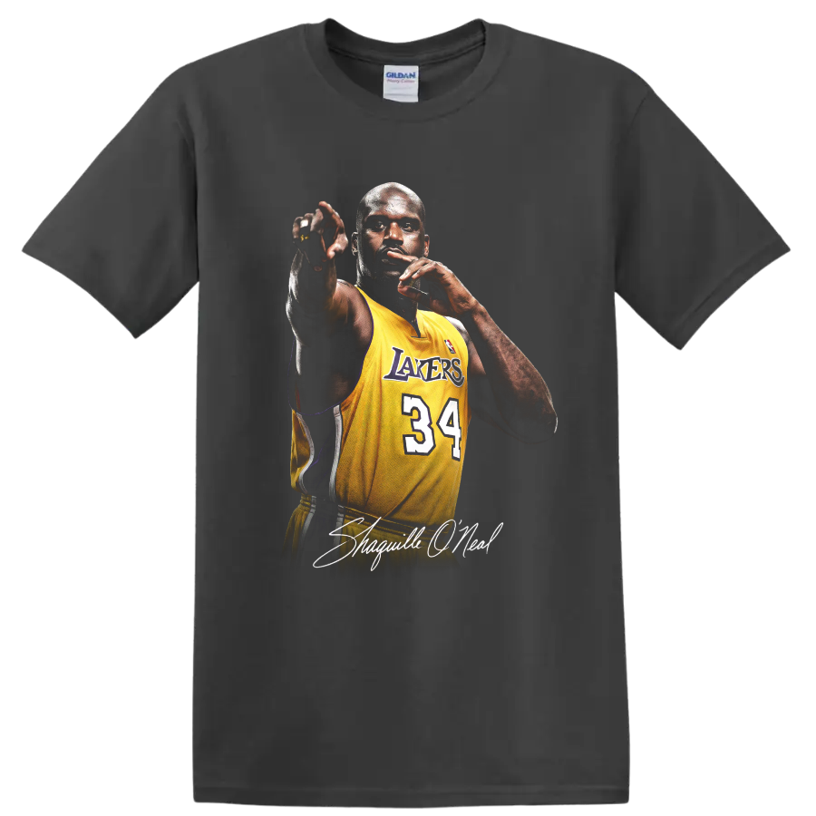 Shaquille O'Neal in Los Angeles Lakers number 34 jersey with signature lettering on a Charcoal T Shirt