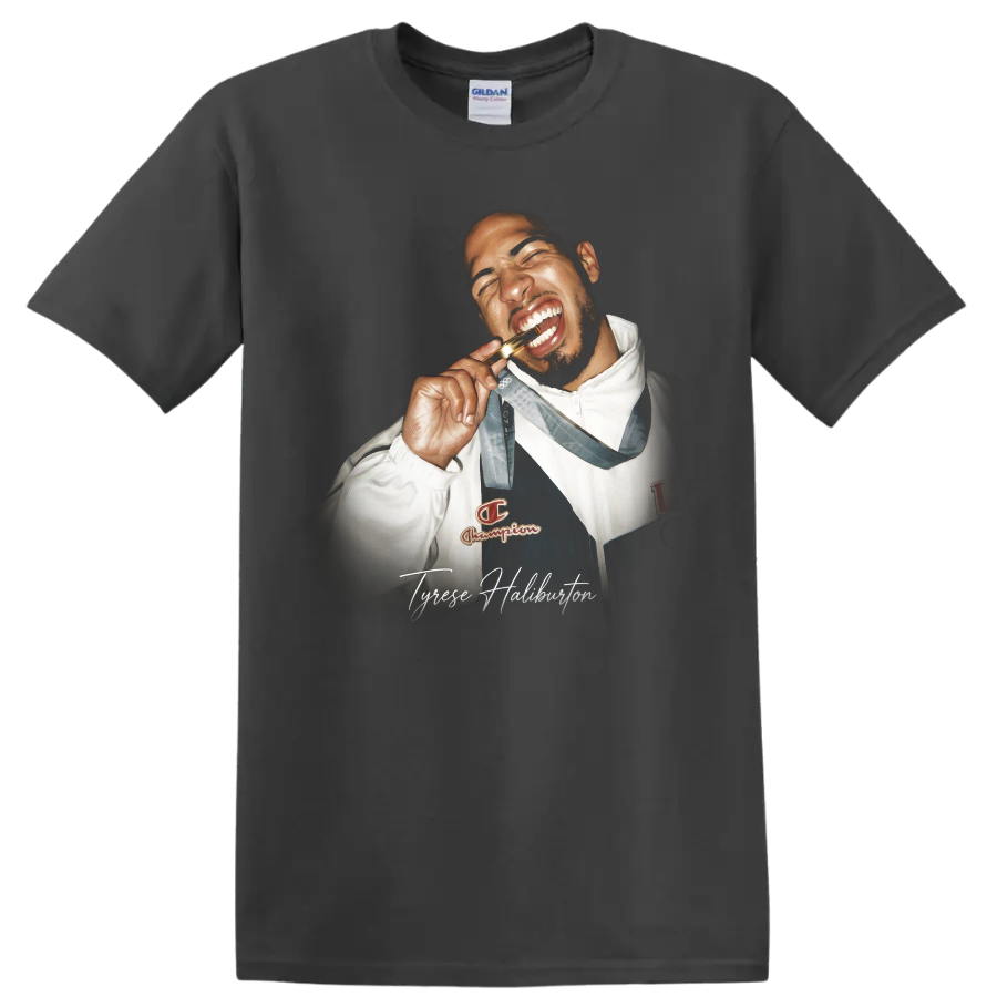 Michael Jordan Chicago Bulls basketball portrait with script-style name lettering on a Charcoal T Shirt