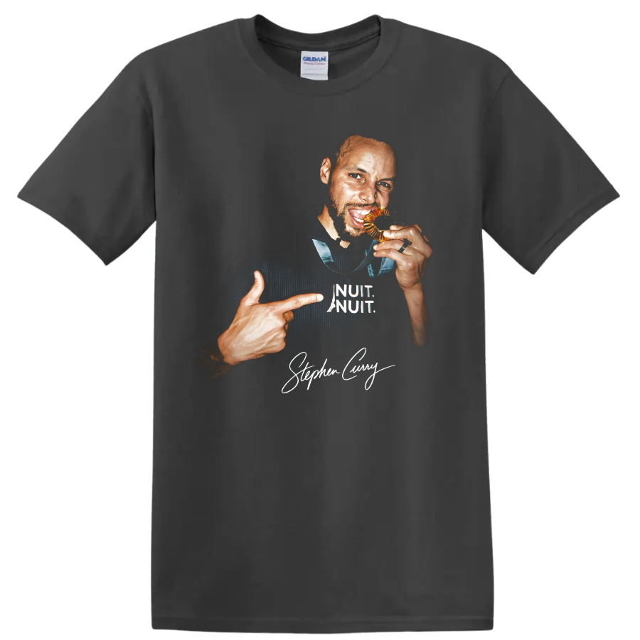 Stephen Curry basketball portrait with white lettering and signature-style graphic on a Charcoal T Shirt