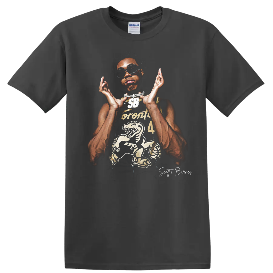 Scottie Barnes Raptors basketball portrait with sunglasses and dinosaur graphic on a Charcoal T Shirt