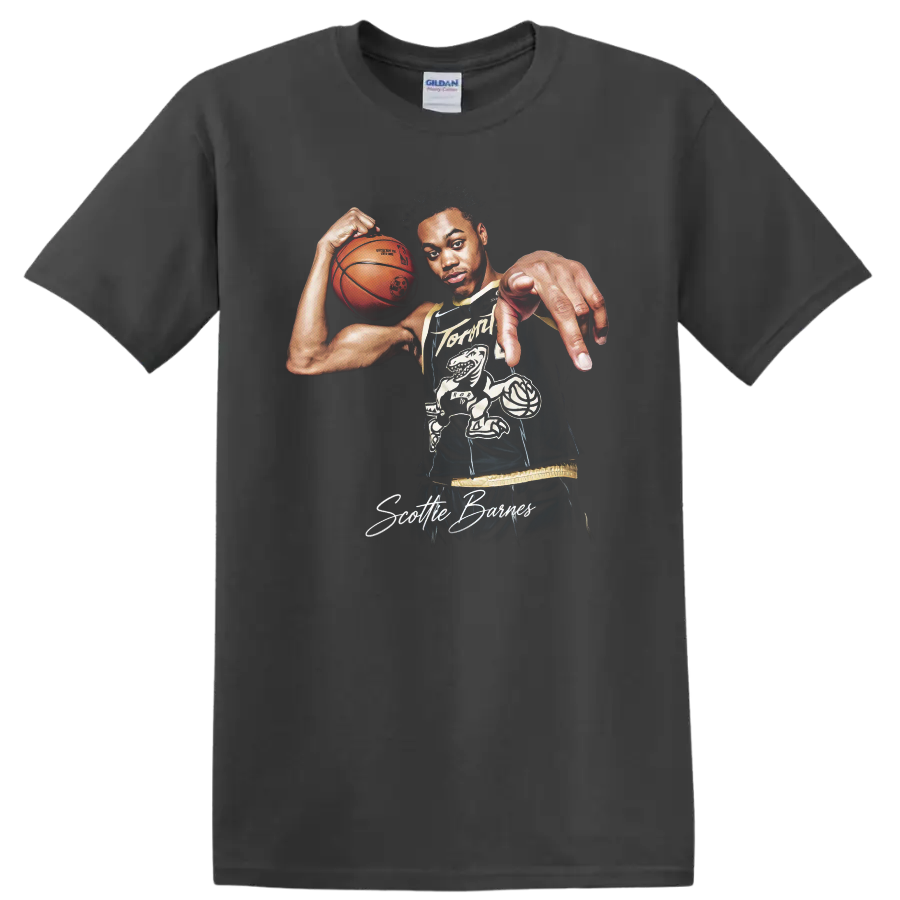 Scottie Barnes Raptors basketball player portrait with ball and signature artwork on a Charcoal T Shirt