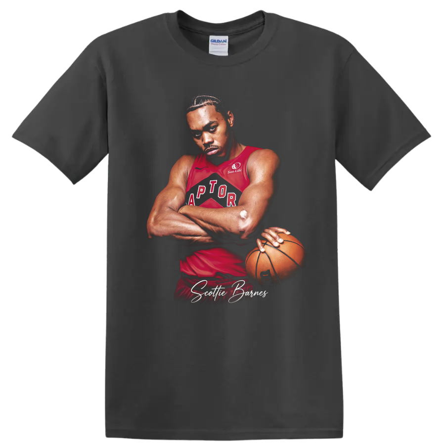 Scottie Barnes Toronto Raptors basketball player portrait with signature text on a Charcoal T Shirt