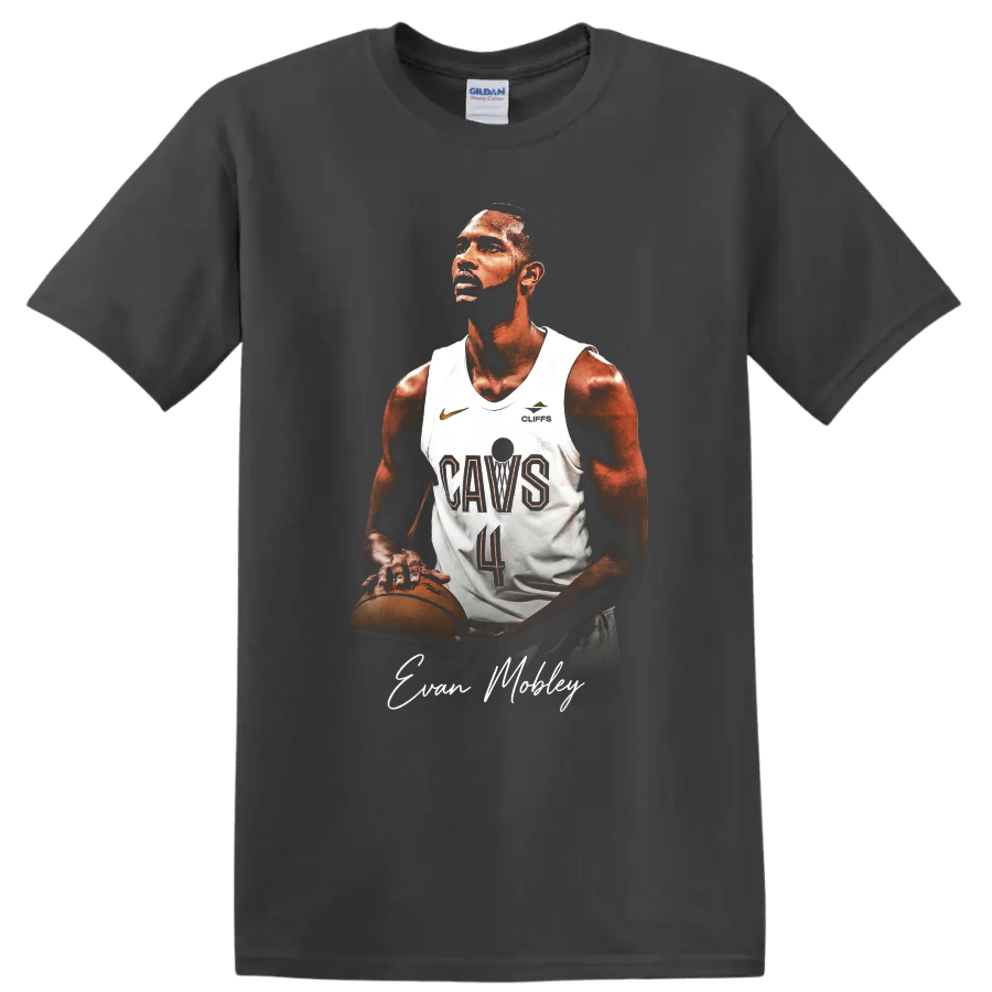 Evan Mobley Cavaliers basketball portrait with jersey, ball, and signature-style name on a Charcoal T Shirt