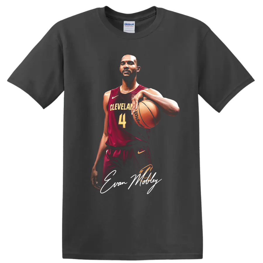 Evan Mobley Cleveland Cavaliers basketball portrait with number 4 and signature script on a Charcoal T Shirt