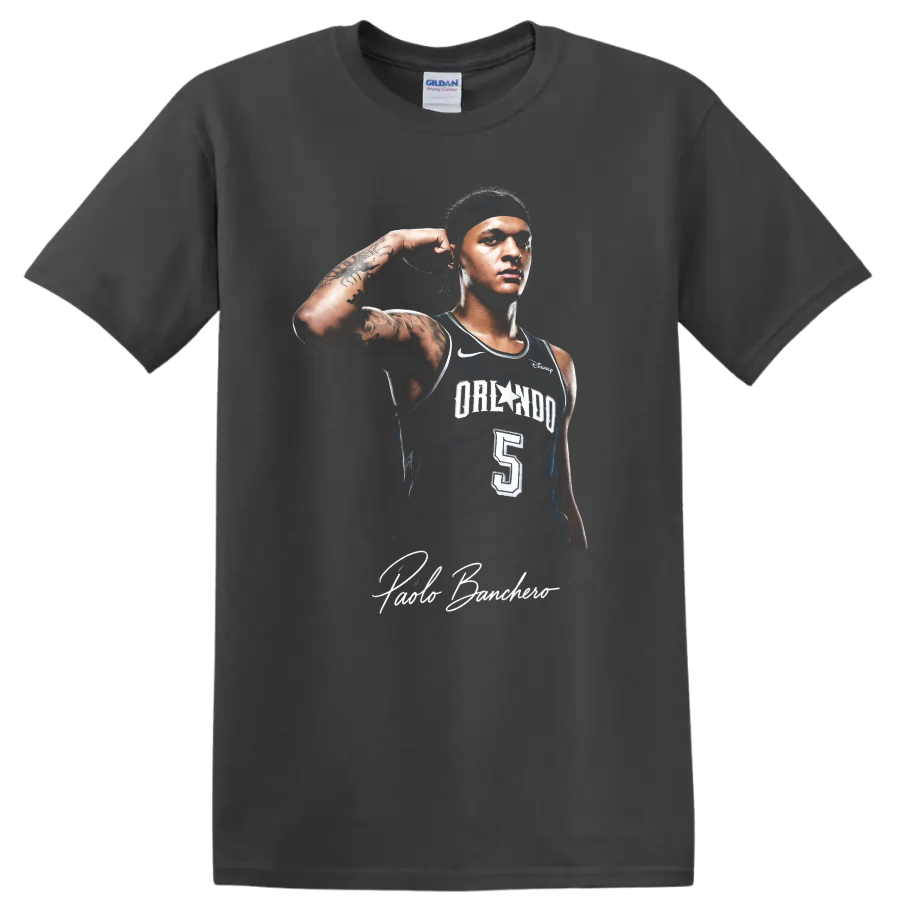 Paolo Banchero Orlando Magic player portrait with number 5 jersey and signature on a Charcoal T Shirt