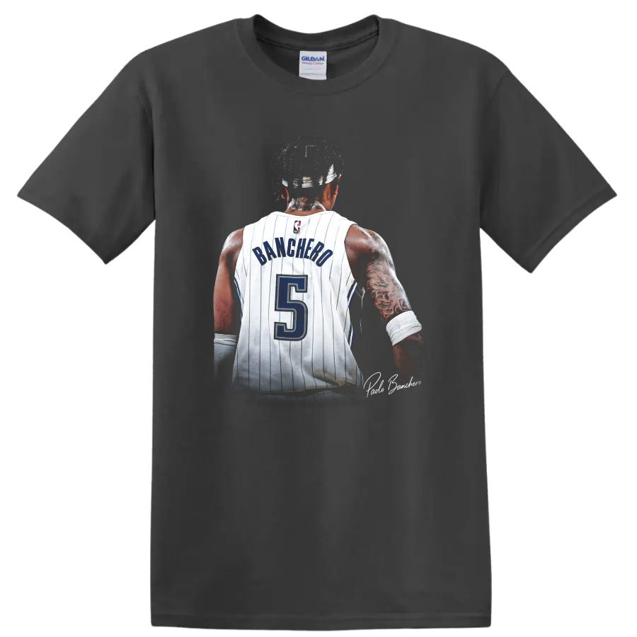 Paolo Banchero rear jersey portrait in white pinstripes with blue number 5 on a Charcoal T Shirt