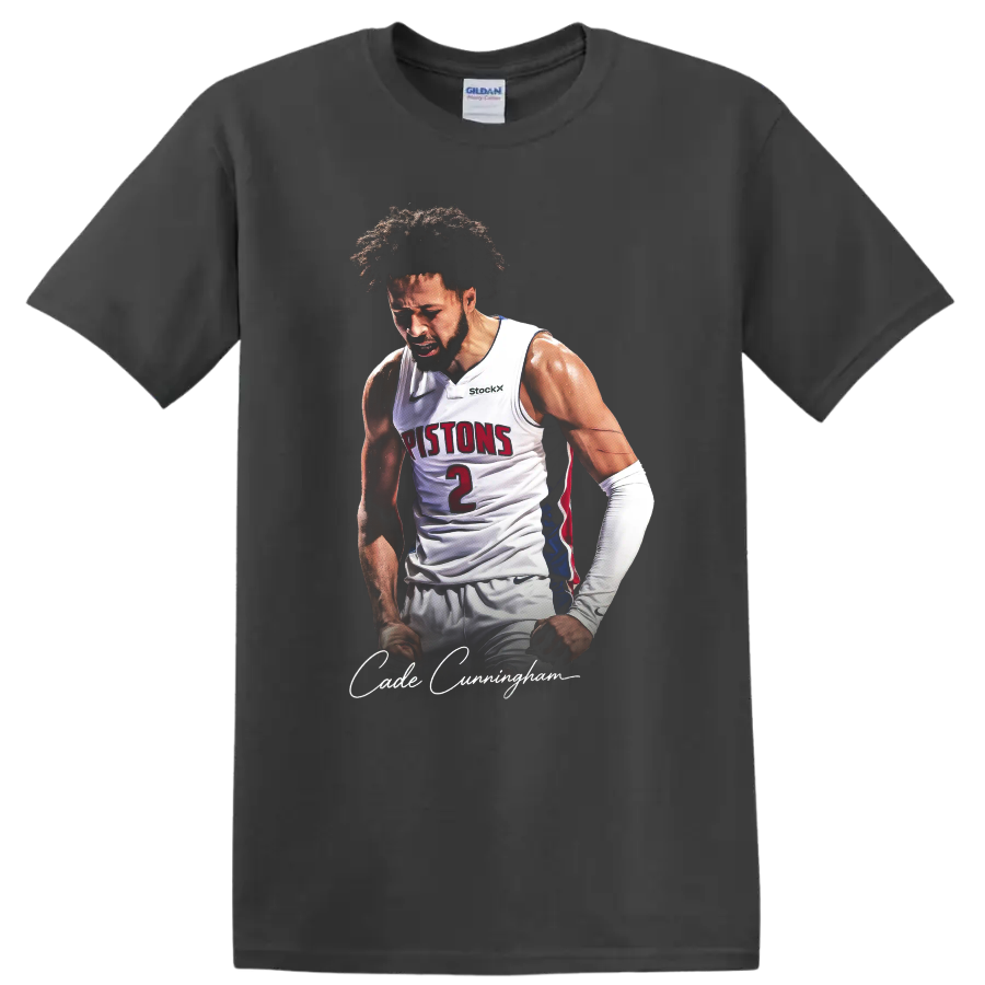 Cade Cunningham Detroit Pistons basketball portrait with number 2 and signature text on a Charcoal T Shirt