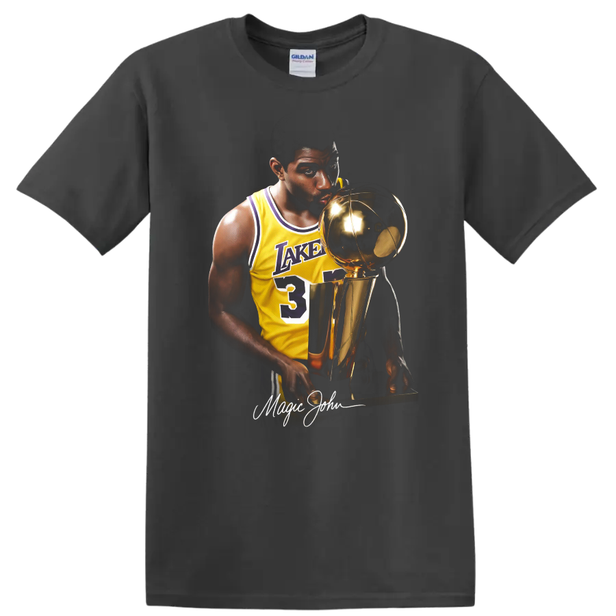Magic Johnson in Los Angeles Lakers No. 32 jersey holding championship trophy portrait on a Charcoal T Shirt